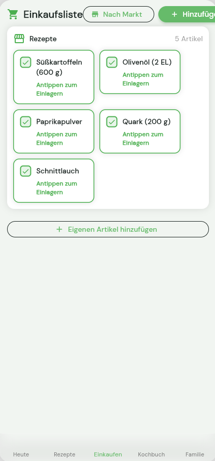 ECO Meals App – Automatische Einkaufsliste aus Rezepten