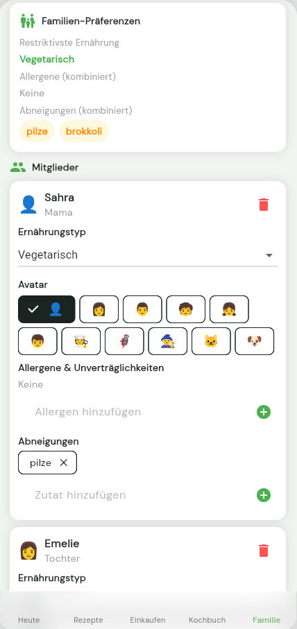 ECO Meals App – Familien-Profile mit Vorlieben und Allergien