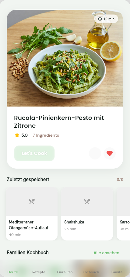 ECO Meals App – Tagesansicht mit Rezept-Empfehlung Rucola-Pinienkern-Pesto