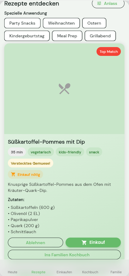 ECO Meals App – Rezepte entdecken mit Top Match und Anlassfilter